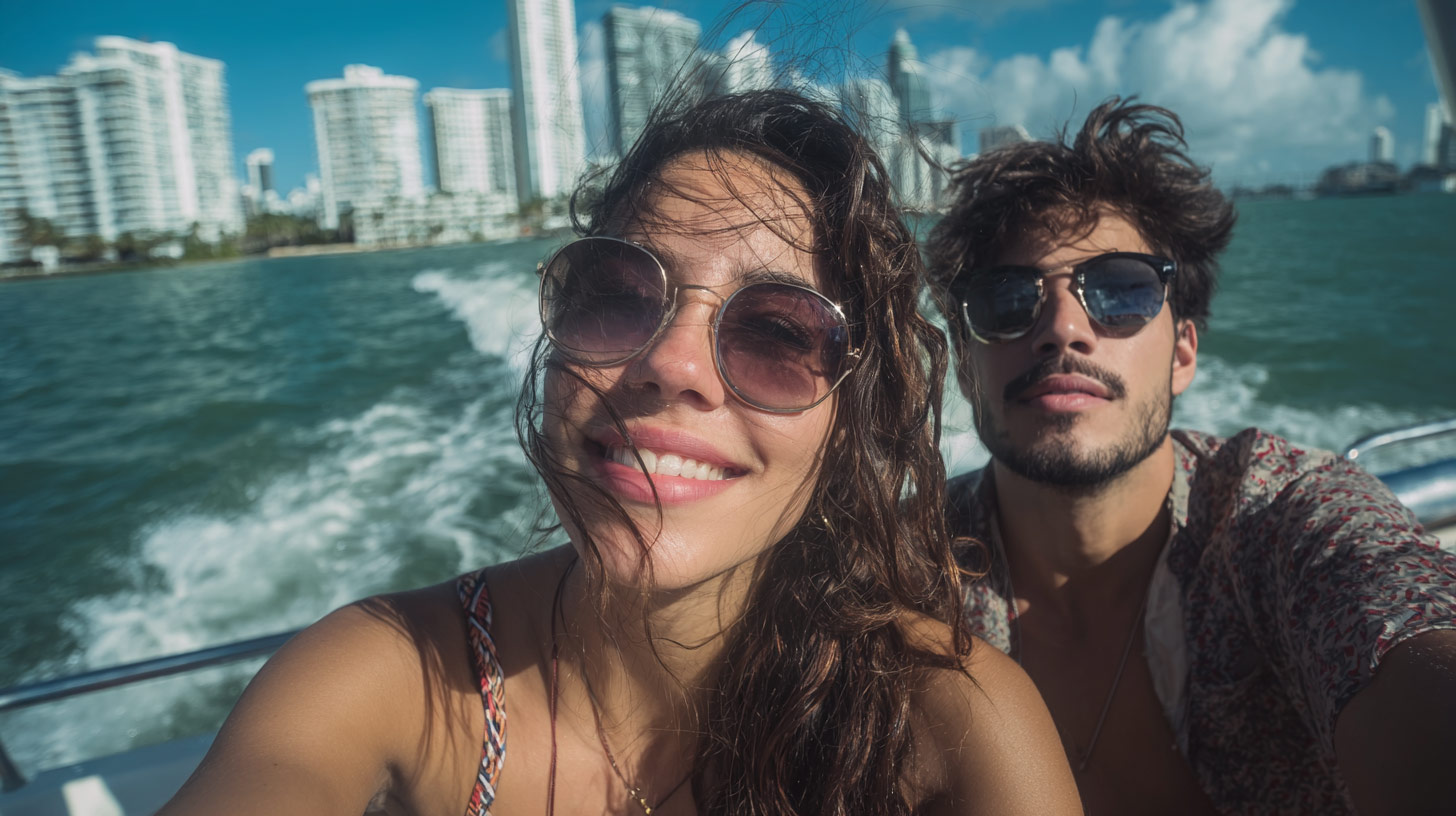 A latin couple taskes a selfie during the cruise.