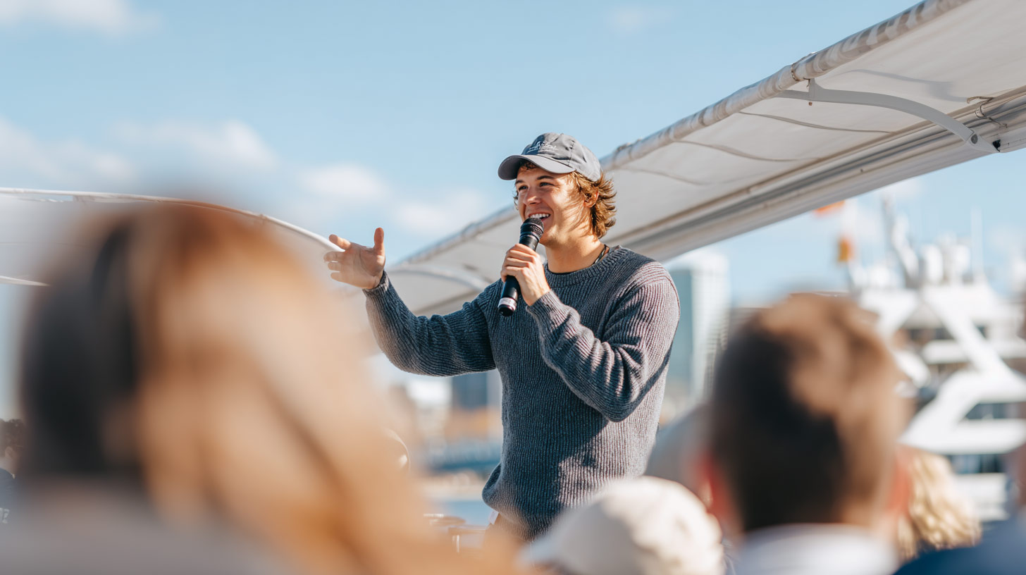 A popular tour huide leads the Historic Miami Sightseeing Cruise.