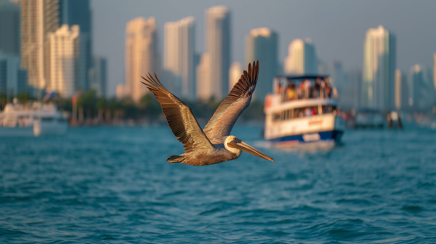 A beautiful photo of a brown pelican in flight in front of the Historic Miami Sightseeing Cruise. 