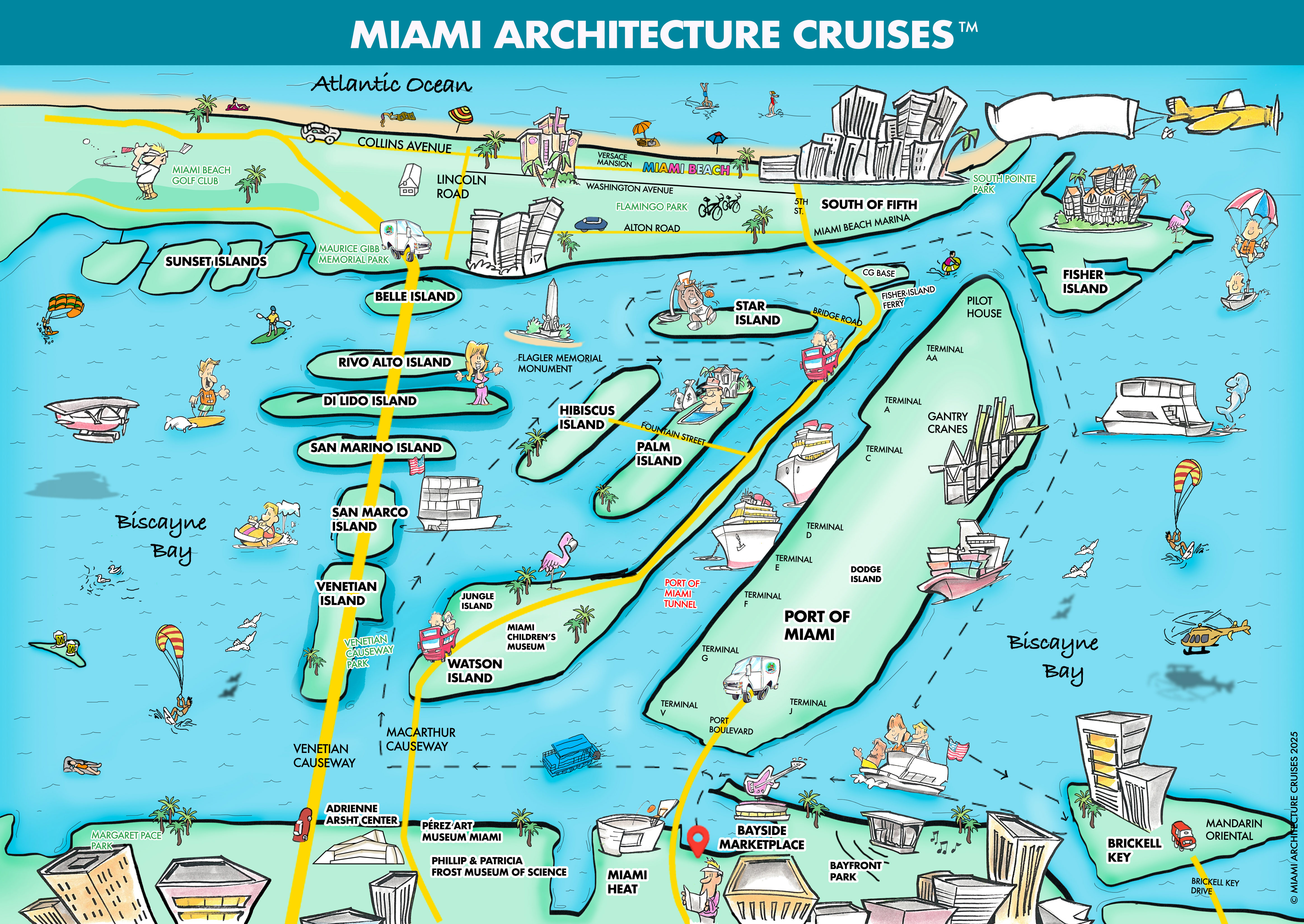 The Miami Architecture Cruises map of Biscayne Bay shows the route of each cruise.