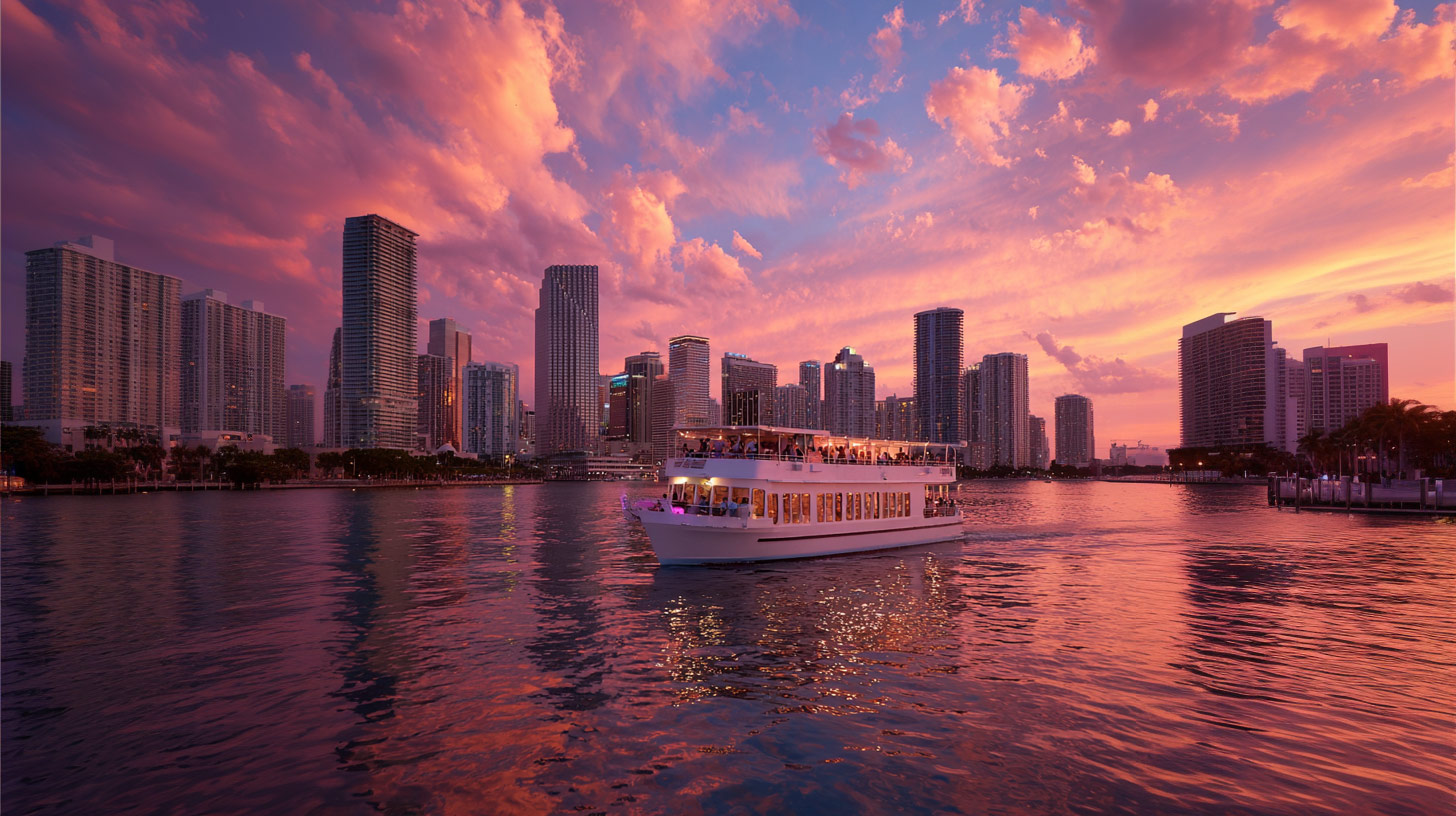 The Miami Architecture Cruises map of Biscayne Bay shows the route of each cruise.