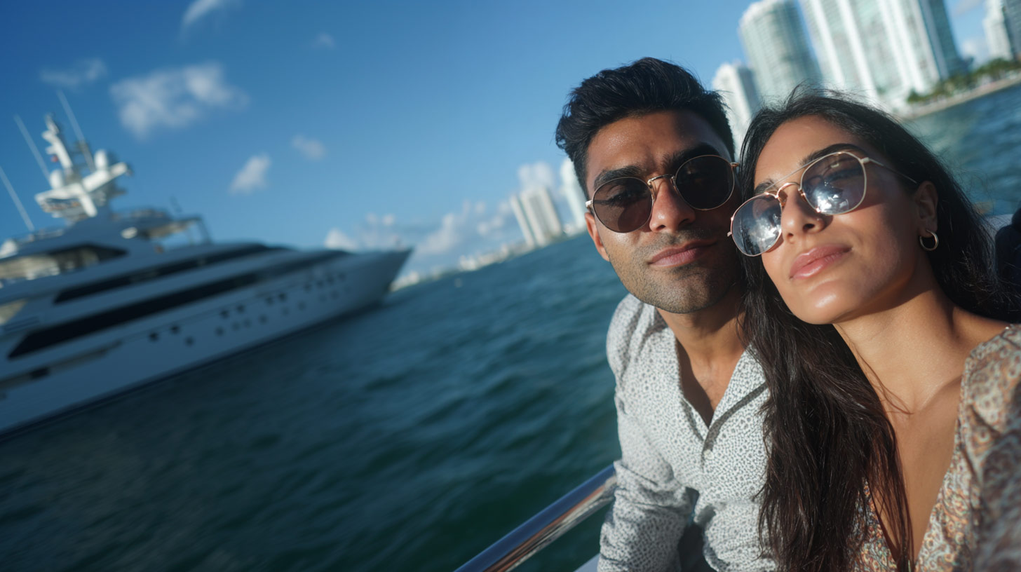 a couple takes a photo during their Christmas Day cruise.