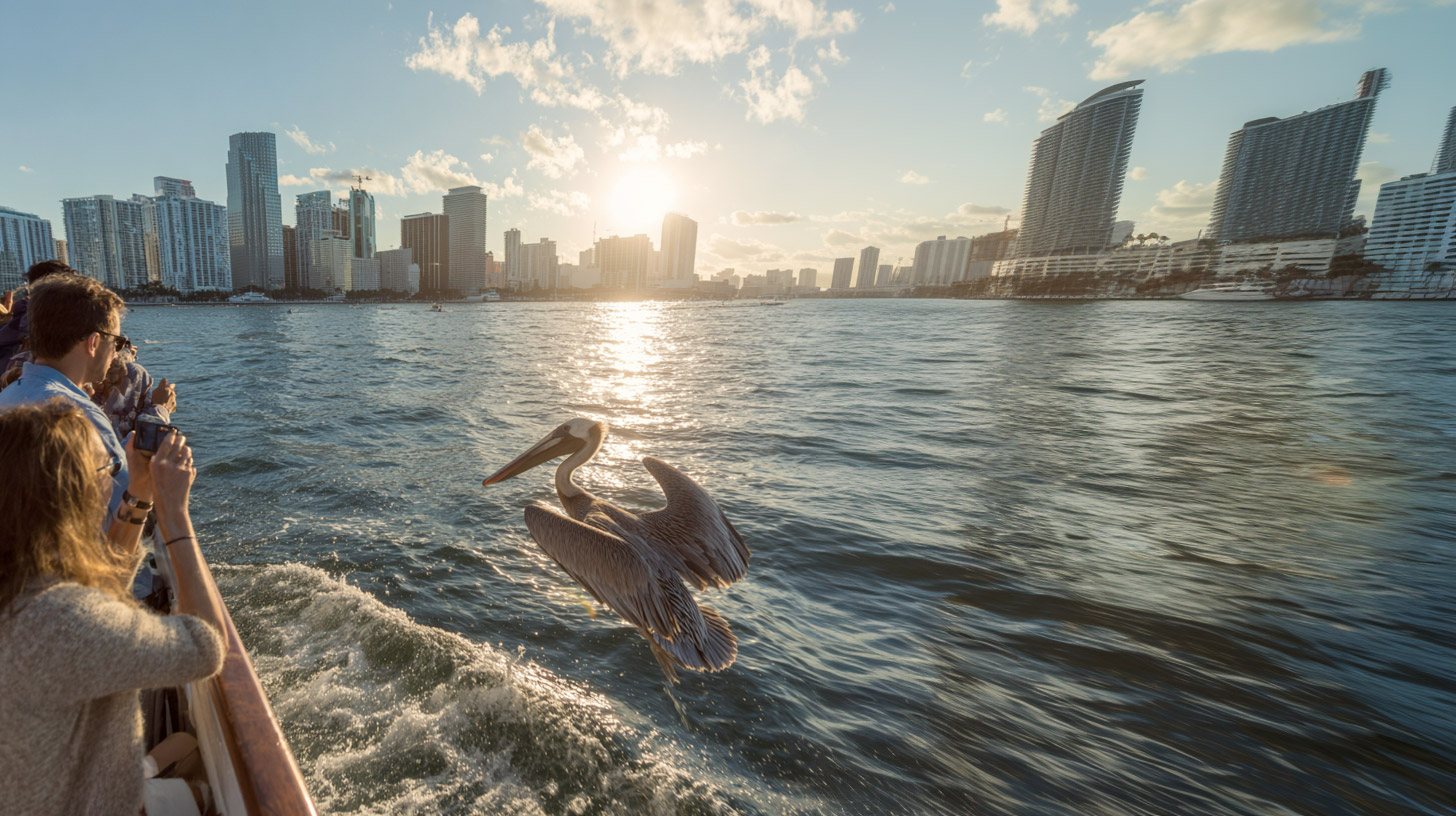 A pelican entertains passengers during their Miami Magic City Cruise.