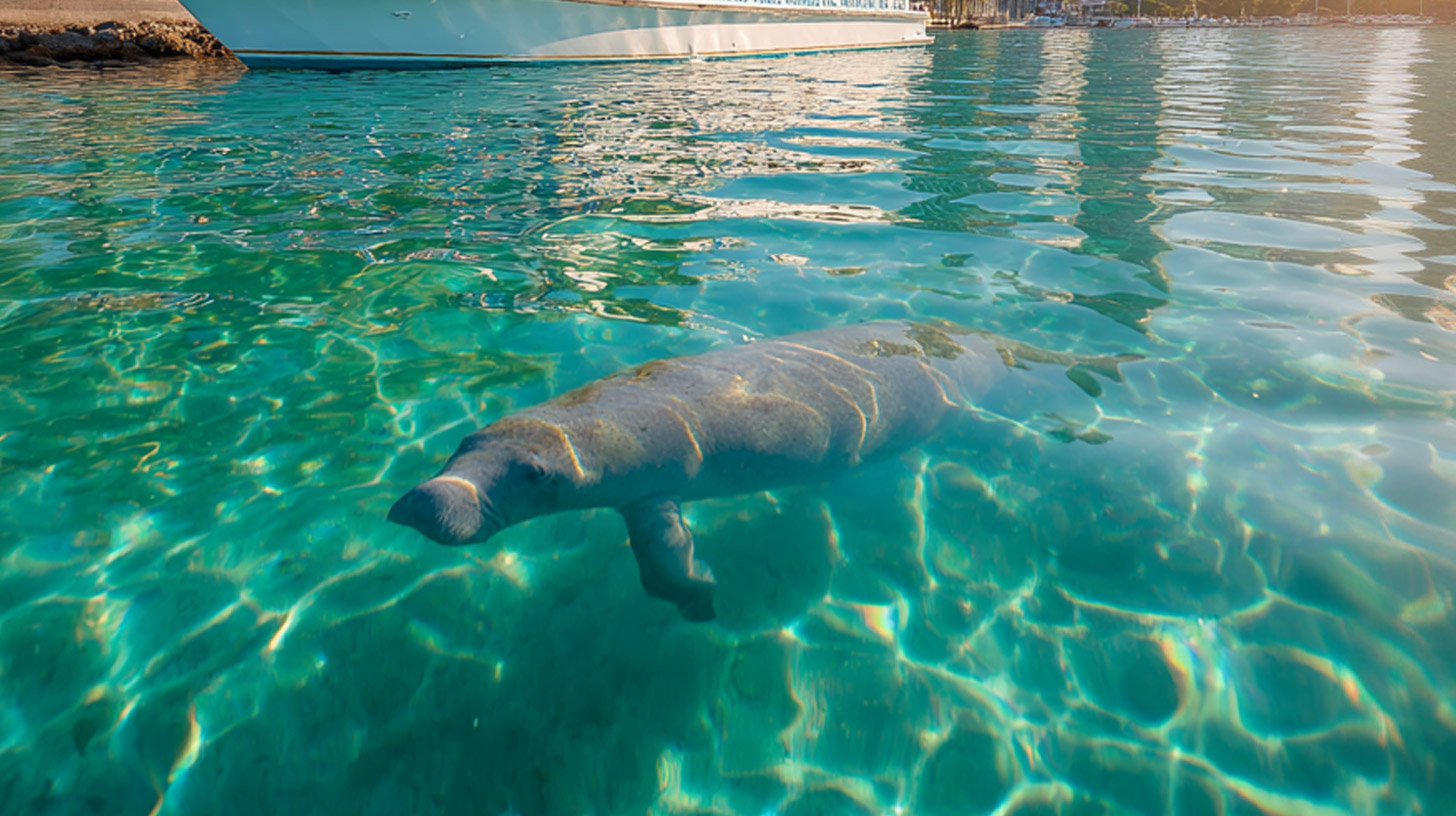 A manatee entertains guests during their Miami city cruise. 