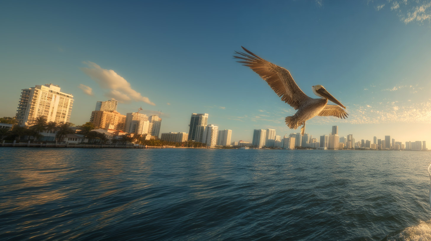 TA pelican dives close to the boat during their Magic City cruise.