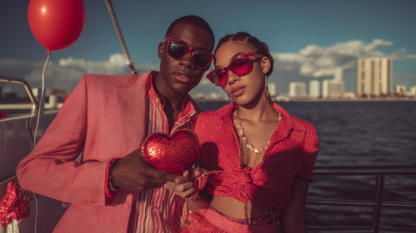 A cute couple go all out by dressing in red and holding a box of chocolates during their Valentine's Day cruise