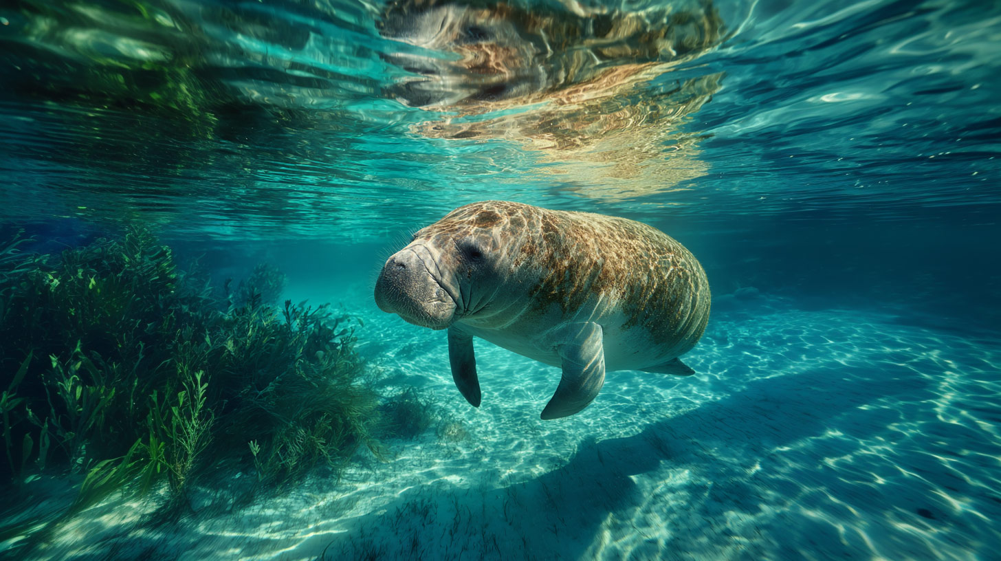 A manatee shares the same waters in Biscayne Bay as a Waterfront Boat tour. 