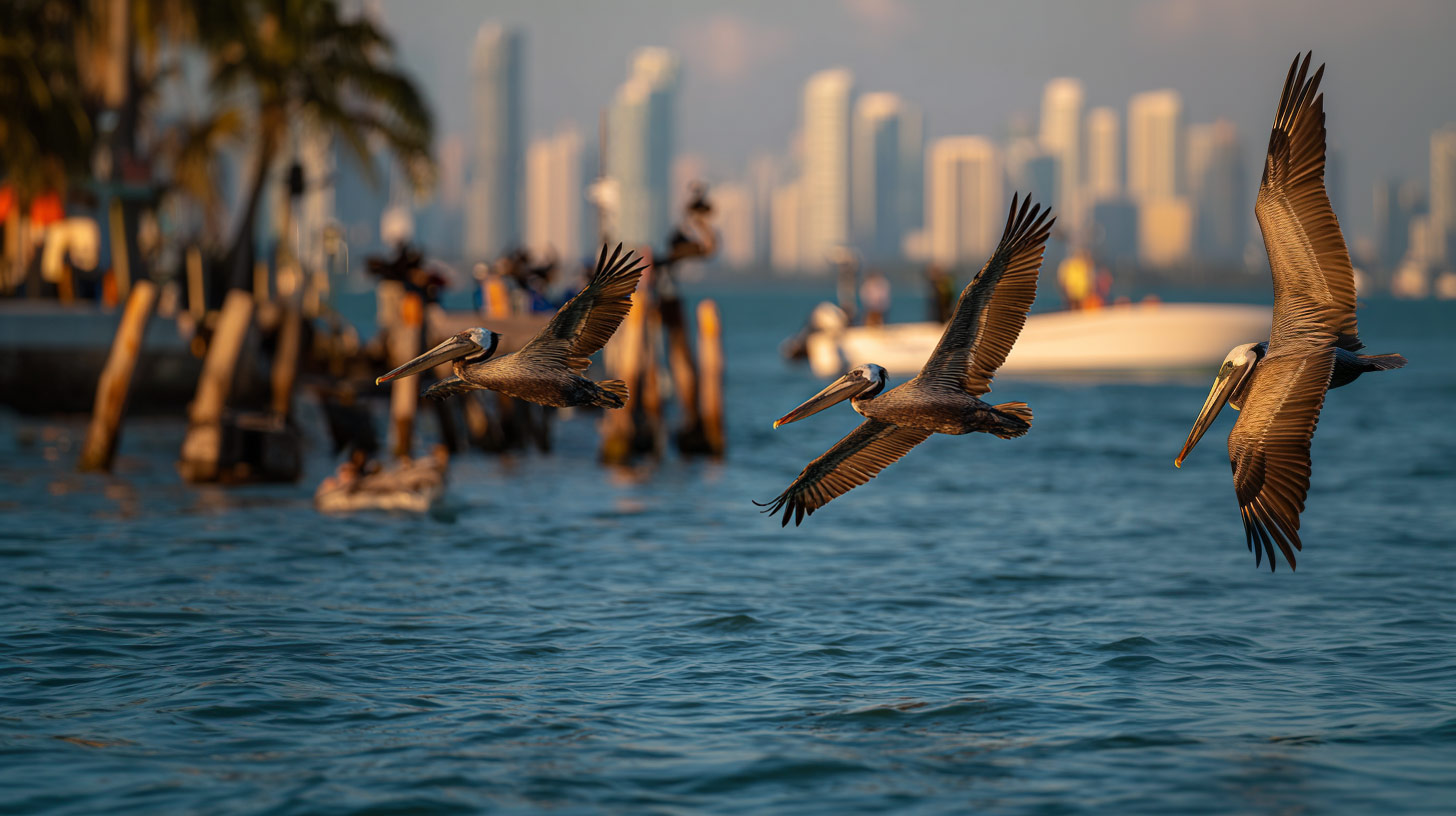 A squadron of pelicans take flight because of the approvate boat tour. 